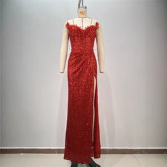 Drop-shaped Diamond Sexy Low-cut High Sitt Red Paillette Tube Coat And Dress - kinko