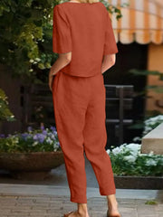 Full Size Round Neck Short Sleeve Top and Pants Set Plus Size - kinko