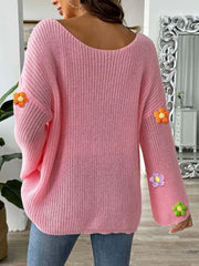 Flower Round Neck Long Sleeve Sweater - kinko