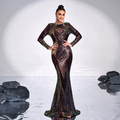 Long Sleeve Temperament Crew Neck Sexy Long Sequined Banquet Evening Dress - kinko