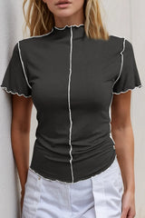 Basic Bae Contrast Trim Mock Neck Short Sleeve T-Shirt - kinko