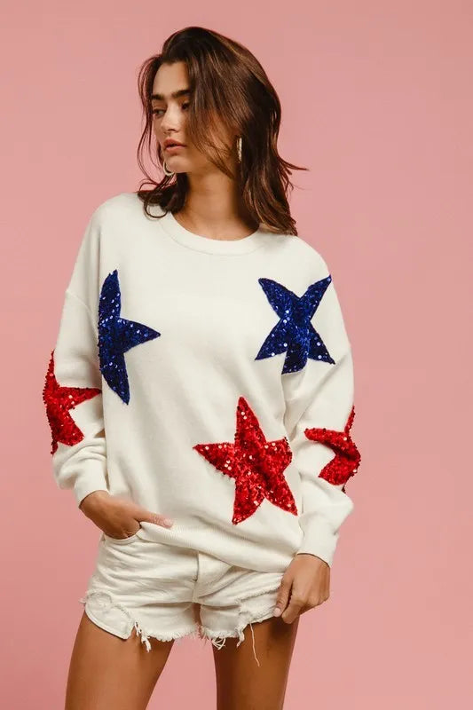BiBi Velvet Sequin Star Patches Sweater Top - kinko