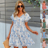Flowers Print Short-sleeved Dress Summer Loose Chiffon A-line Dresses Fashion Casual Holiday Beach Dress For Womens Clothing - kinko