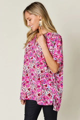Double Take Full Size Printed V-Neck Short Sleeve Blouse - kinko