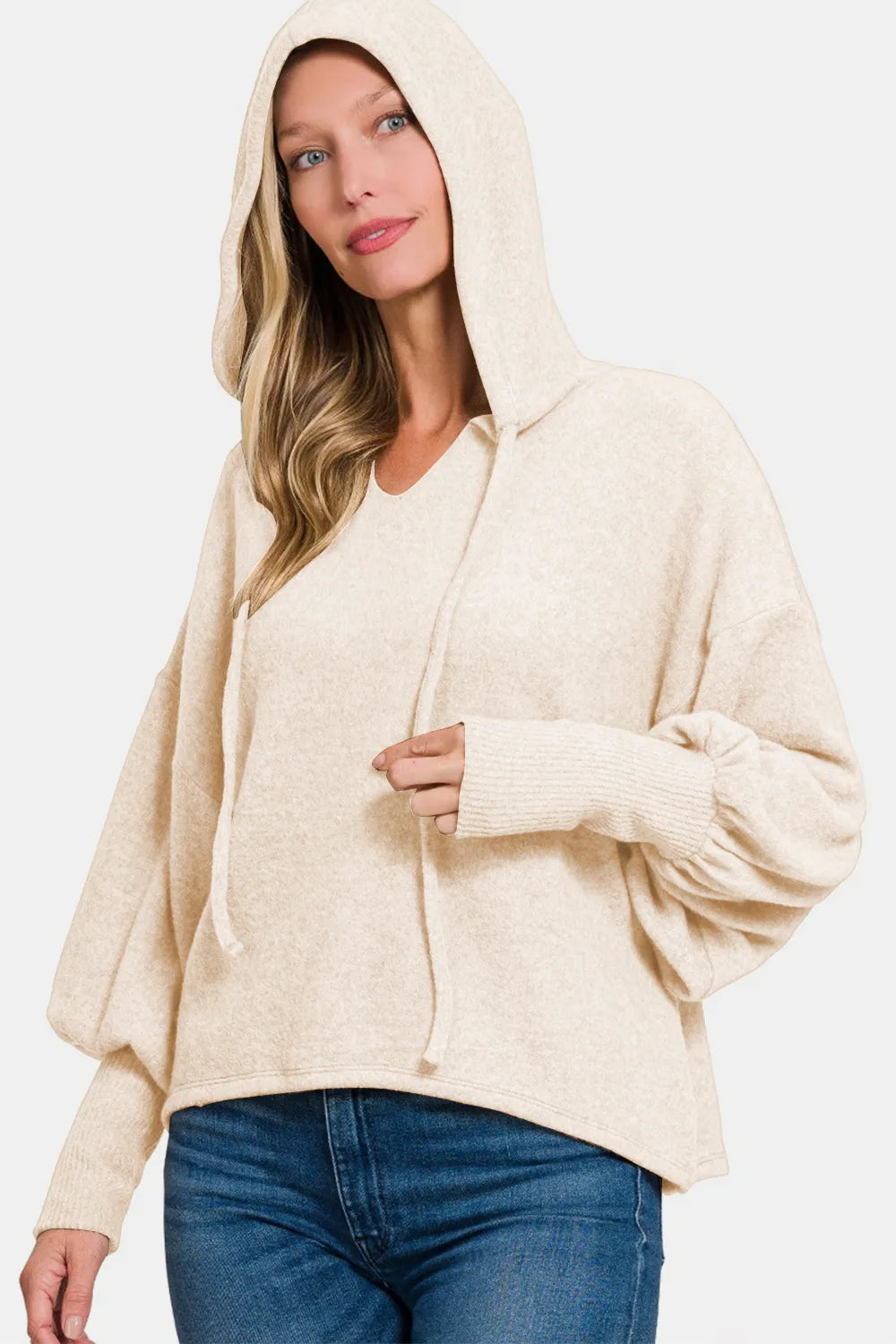Zenana Brushed Hacci Drop Shoulder Cropped Hoodie - kinko