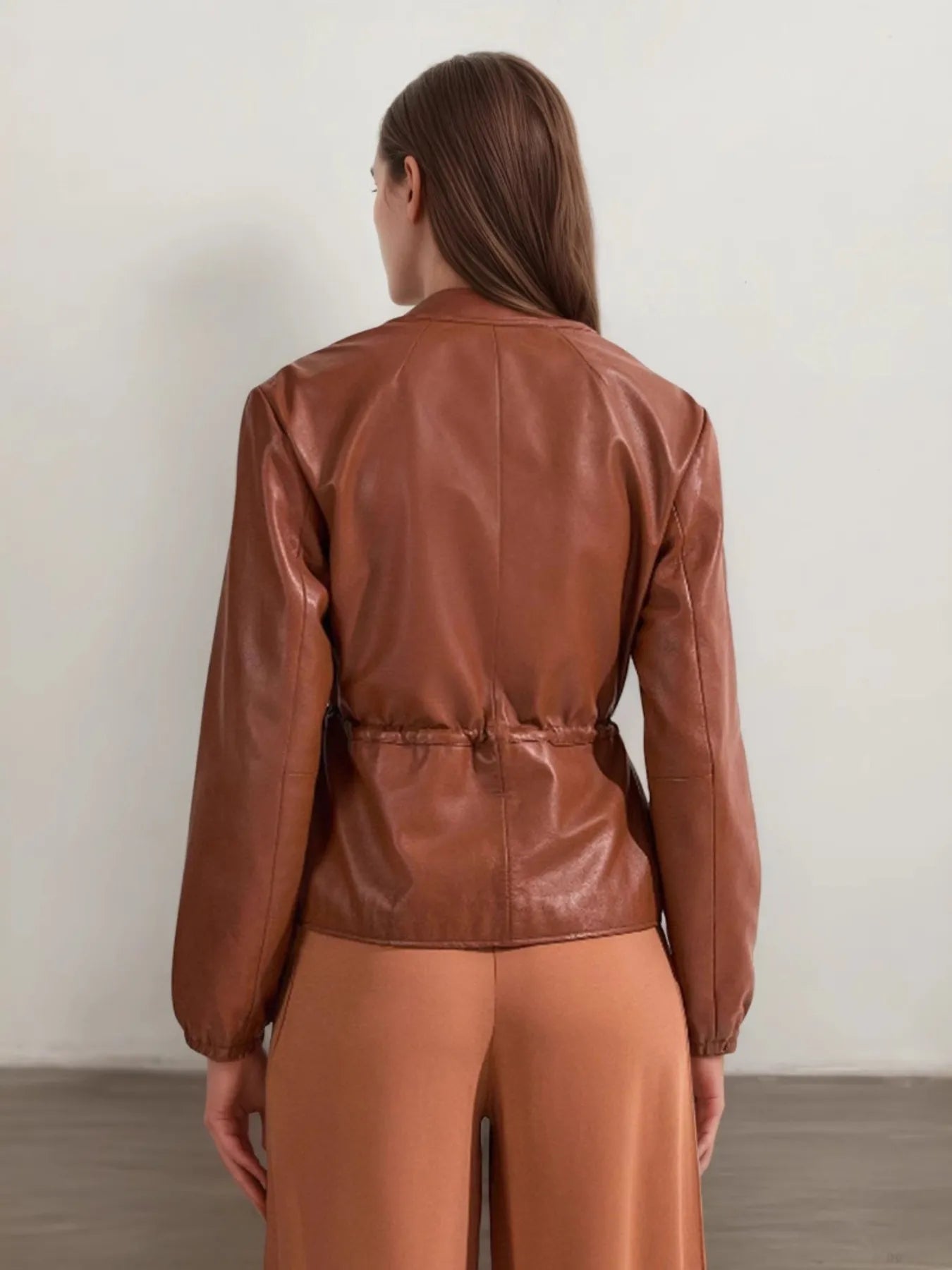 Drawstring Zip Up Leather Jacket - kinko