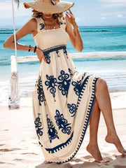 Smocked Printed Wide Strap Maxi Dress - kinko