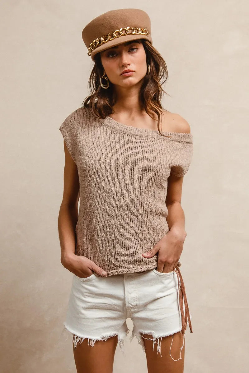 BiBi One Side Off Shoulder Knit Top - kinko