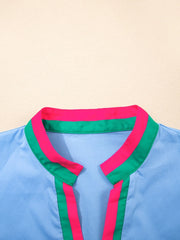 Contrast Trim Notched Short Sleeve Blouse - kinko