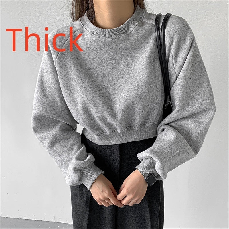 Round Neck Waist Trimming High Waist Short Sweatshirt - kinko