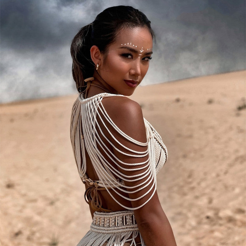 Women's Hand-woven Tassel Dress Creative Beach Travel Sexy Split Chest Wrap - kinko