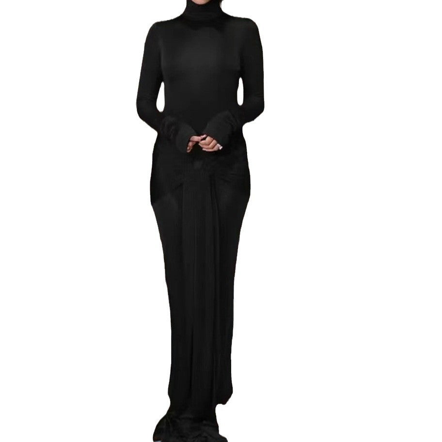 High Collar Solid Color European And American High-end Lace-up Design Dress - kinko