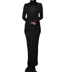 High Collar Solid Color European And American High-end Lace-up Design Dress - kinko