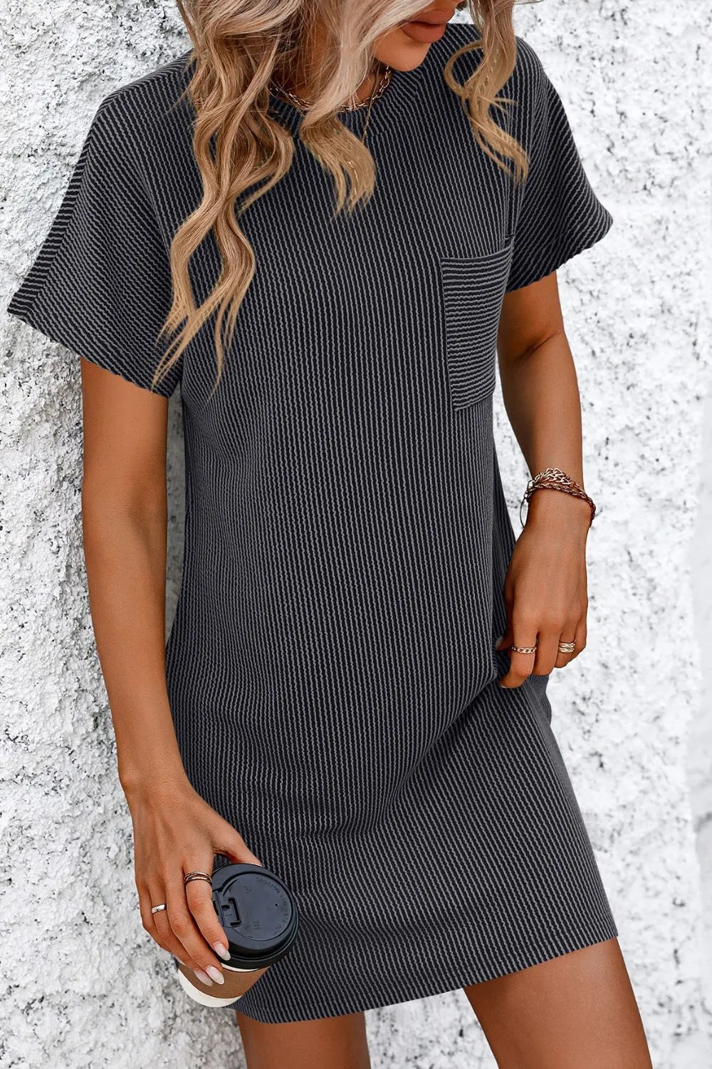 Mandy Ribbed Striped Short Sleeve Mini Tee Dress - kinko
