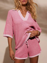 Collared Neck Contrast Striped Top and Shorts Sweater Set - kinko