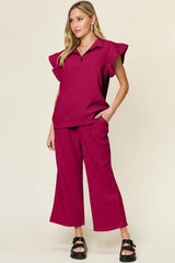 Double Take Texture Ruffle Short Sleeve Top and Drawstring Wide Leg Pants Set - kinko