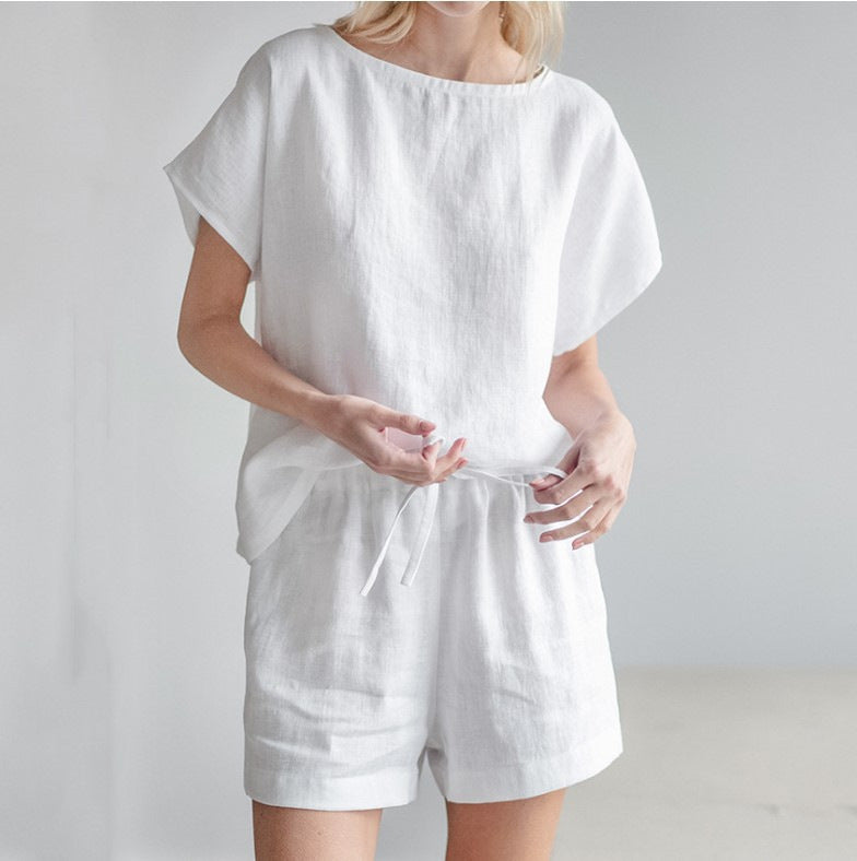 Short Sleeve Cotton Linen Retro Fashion Solid Color Top Shorts Suit - kinko