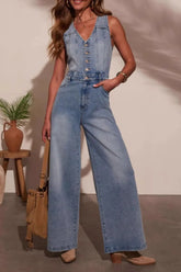 V-neck Wide Leg Denim Jumpsuit - kinko