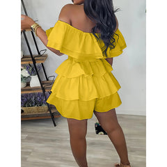 Womens Sexy Off Shoulder Rompers Summer Ruffle Short Sleeve Tiered Short Jumpsuits - kinko
