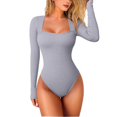 Oumeiya Sexy Rib Square Collar Long Sleeve Belly Contracting Casual Women's Jumpsuit - kinko