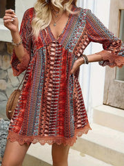 Lace Trim Printed V-Neck 3/4 Sleeve Dress - kinko