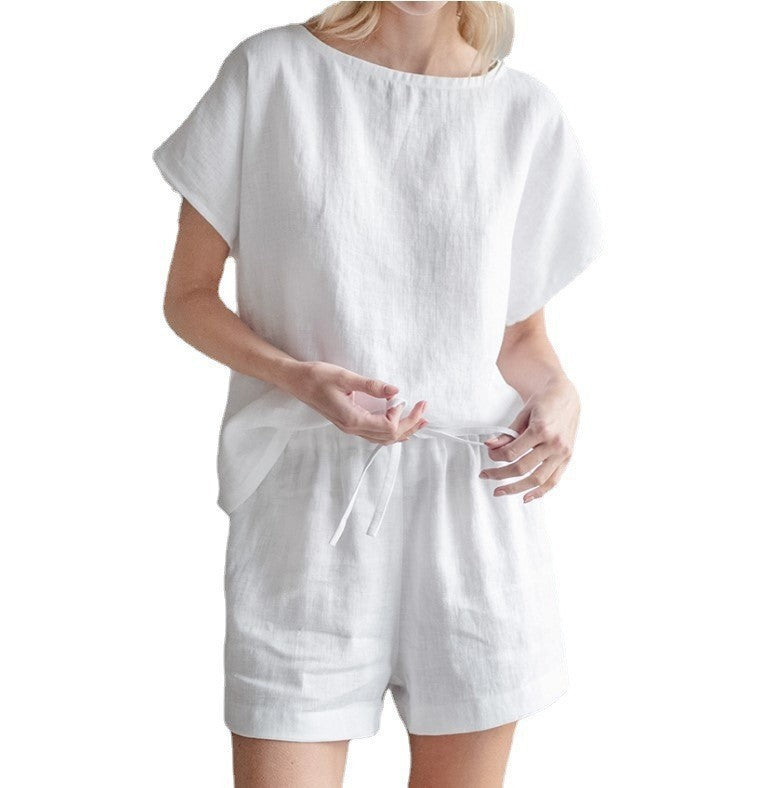 Short Sleeve Cotton Linen Retro Fashion Solid Color Top Shorts Suit - kinko