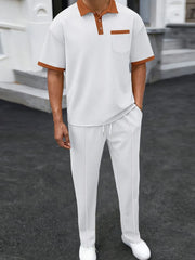 Men's Full Size Waffle-Knit Contrast Polo and Pants Set Plus Size - kinko