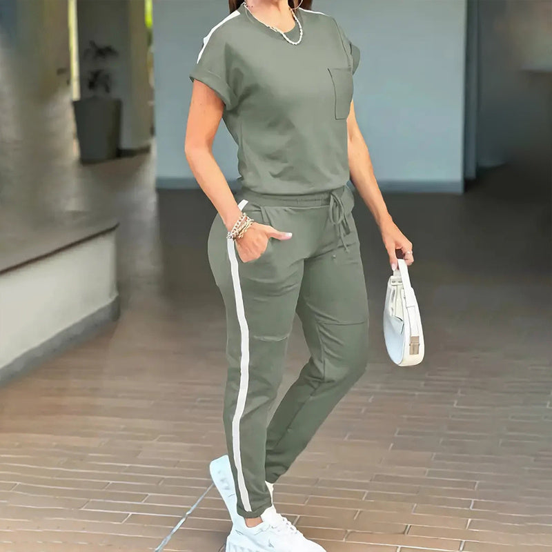 Women's Solid Color Short Sleeve Two-Piece Set - Round Neck, Stripe Trim, Tie Waist Belt, Pockets Spring&Summer Casual Outfit - kinko