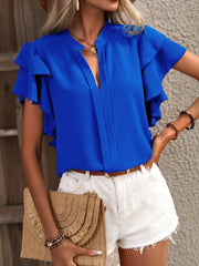 Ruffle Sleeve Notched Blouse - kinko