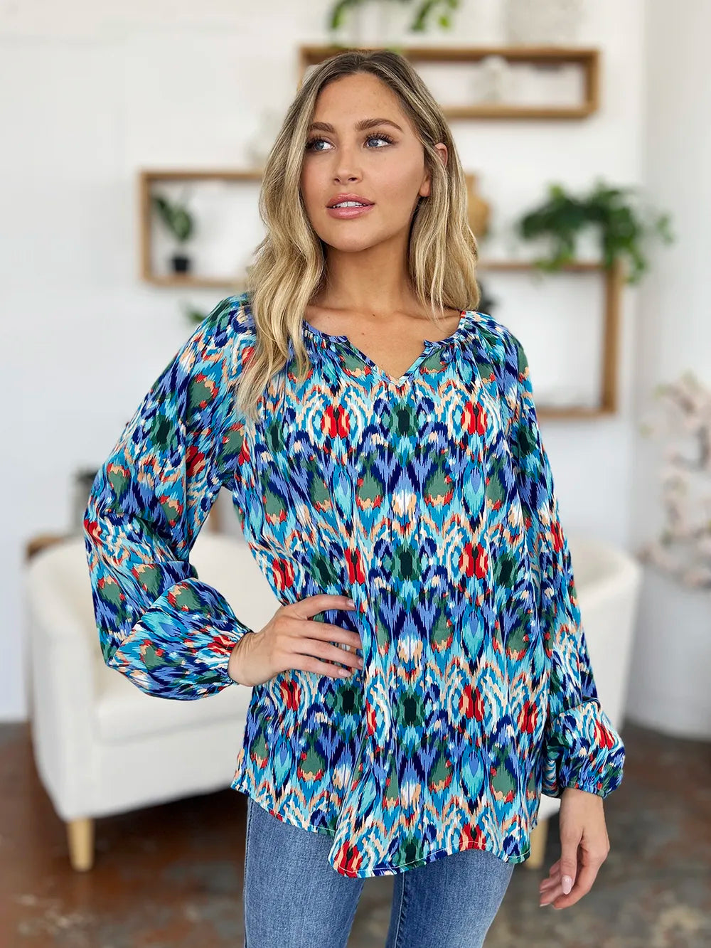 Double Take Full Size Printed Balloon Sleeve Blouse - kinko