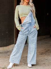 Vintage Washed Wide Leg Denim Overalls with Front Pockets - kinko