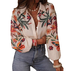 Loose Long Sleeve Printed Shirt Top - kinko