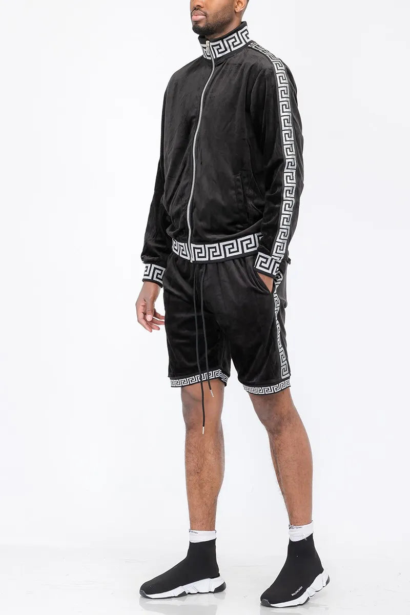WEIV Men's Full Size Velour Zip Up Jacket and Shorts Set Plus Size - kinko
