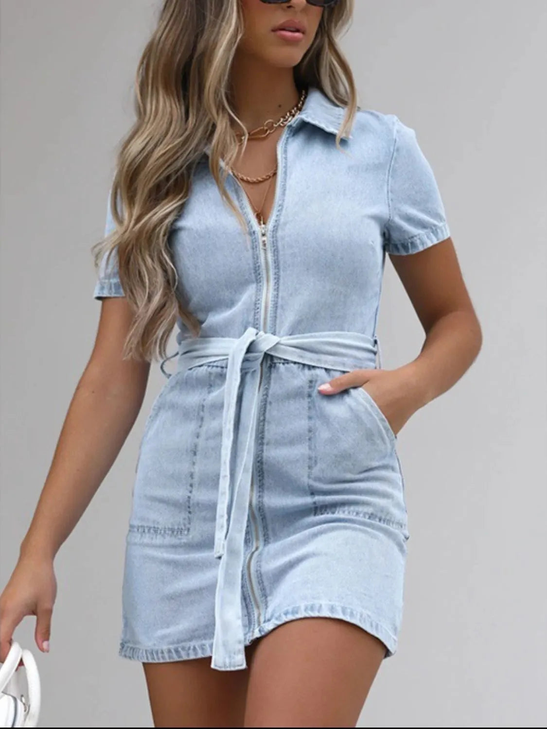 Full Size Zip Front Short Sleeve Denim Dress Plus Size - kinko