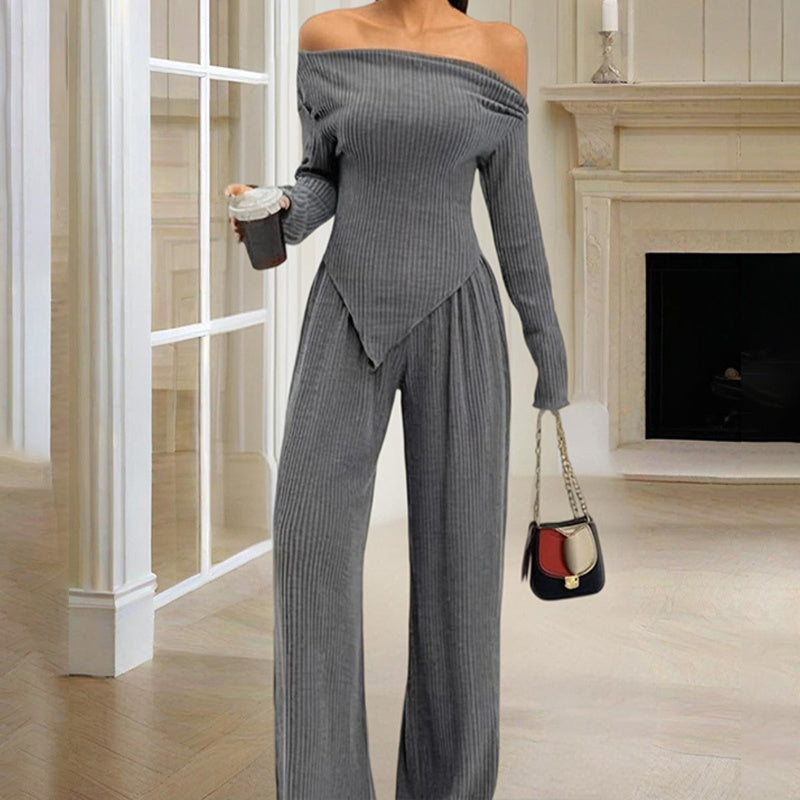 Women's Solid Color Off-Shoulder Long Sleeve Top & Pants Set - Elegant Asymmetrical Hem & Ruffes Cuff Casual Outfit - kinko