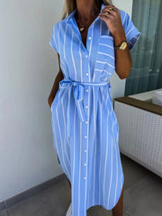Striped Tie Waist Short Sleeve Dress - kinko
