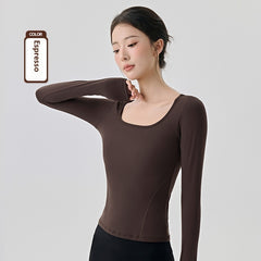 Nude Feel High Elastic Long Sleeve Yoga Wear Top Slim Fit Slim And Sexy Big Neckline - kinko