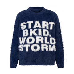 American Round Neck Mink Letter Sweater Fall Winter Couples Trendy Brand Niche