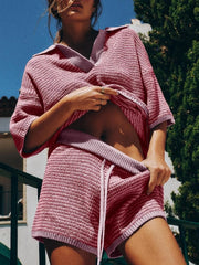 Collared Neck Contrast Striped Top and Shorts Sweater Set - kinko