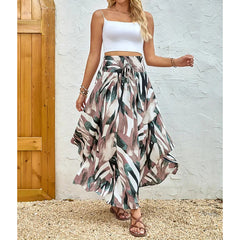 Women's High Elastic Waist Midi Skirt Casual Summer Trendy Tie Front Flowy Floral Print Beach Long Skirt - kinko