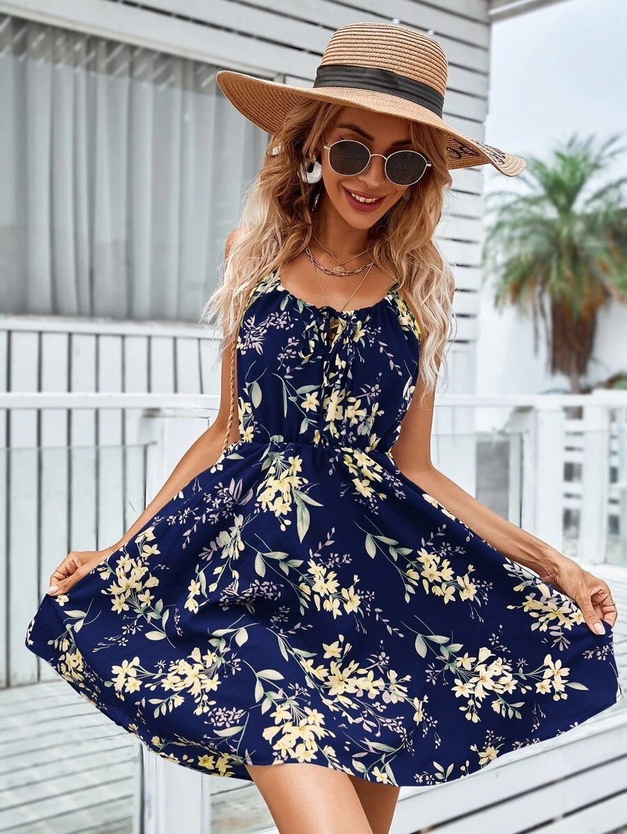 Floral Print Suspender Dress With Elastic Waist Design Fashion Summer Short Dresses Womens Clothing - kinko