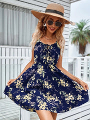 Floral Print Suspender Dress With Elastic Waist Design Fashion Summer Short Dresses Womens Clothing - kinko