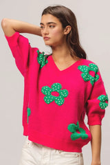 BiBi Pearl Beads Flowers Sweater Top - kinko