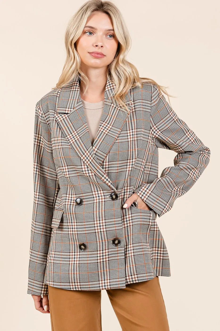 Mittoshop Plaid Double Breasted Relaxed Fit Blazer - kinko