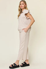 Double Take Texture Ruffle Short Sleeve Top and Drawstring Wide Leg Pants Set - kinko