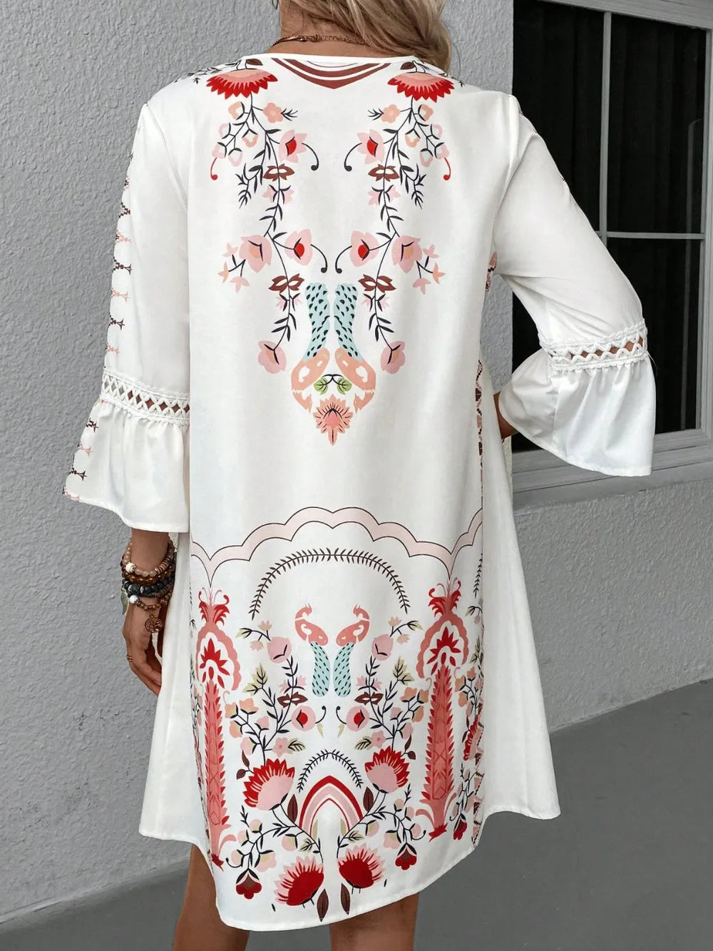 Lace Detail Printed Three-Quarter Sleeve Dress - kinko