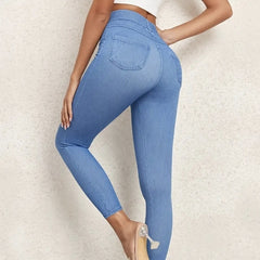 Ladies' Solid Color Denim Printed Tight Leggings, Casual High Waisted Daily Elastic Leggings - kinko