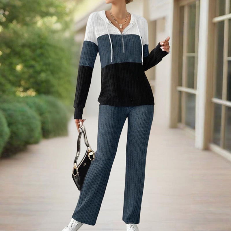 Women's Contracted Design Color-Block Hooded Sweatsuit Set - Long Sleeve Zip-Up Hoodie With Wide-Leg Lounge Pants - kinko