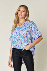 Double Take Full Size Printed V-Neck Short Sleeve Blouse - kinko