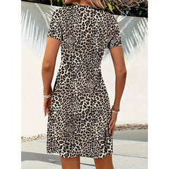 Women's Vibrant Leopard Print Twist Front V Neck Casual Summer Short Sleeve Bodycon Mini Dresses - kinko